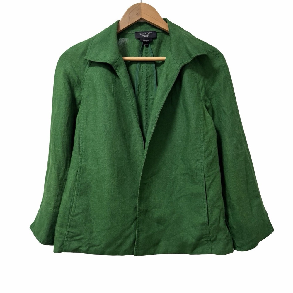 Talbots Womens Irish Linen Open Collared Blazer Size L Kelly Green Lagenlook